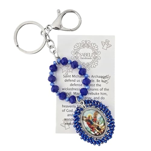 Sabeli Handmade Keychain Clip Holder - Catholic Rosary Bead Prayer - Religious Gifts Men Women - Llavero Catolico Regalo - color: Archangel Michael Royal Blue