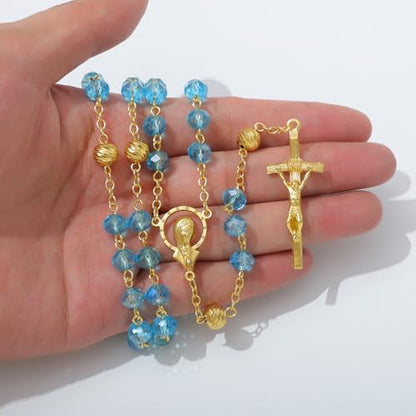 KOMI Crystal Rosary Beads with Jesus Crucifix, Catholic Necklace for Women First Communion Rosarios Wedding Rosary with Velvet Bag - style: 8MM-blue