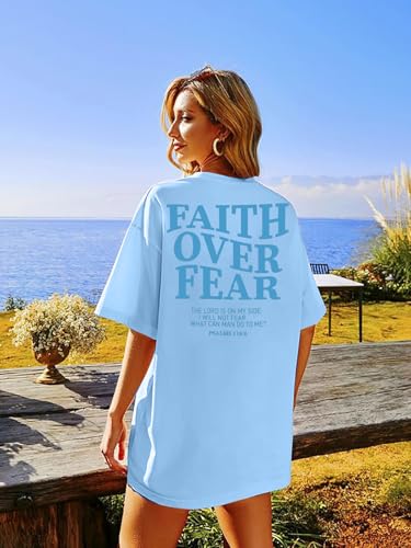 BANGELY Faith Over Fear Shirt Women Graphic Shirts Oversized Workout Gym Christian Religious Tees Drop Shoulder Tee Tops - color: Little-blue, size: Small