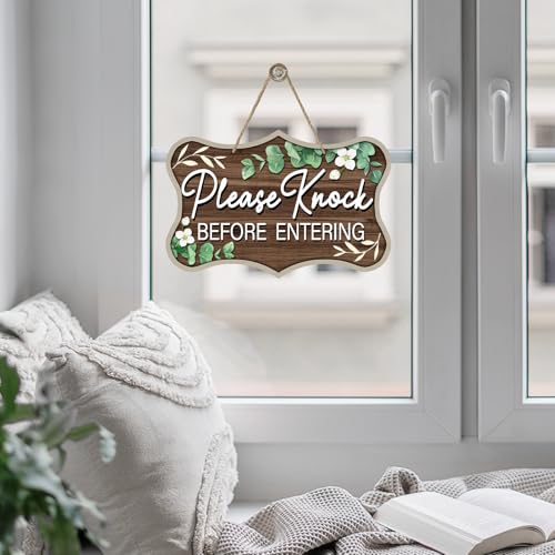 Please Knock Before Entering Front Door Sign, Eucalyptus Leaves - color: Please Knock