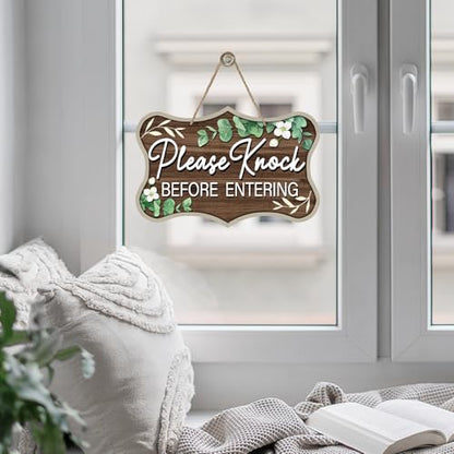 Please Knock Before Entering Front Door Sign, Eucalyptus Leaves - color: Please Knock
