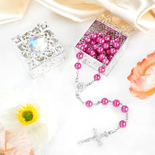 Rose Red Pearl-Style Rosary Necklace with Metal Gift Box, 8mm, 22 Inch - color: Rose
