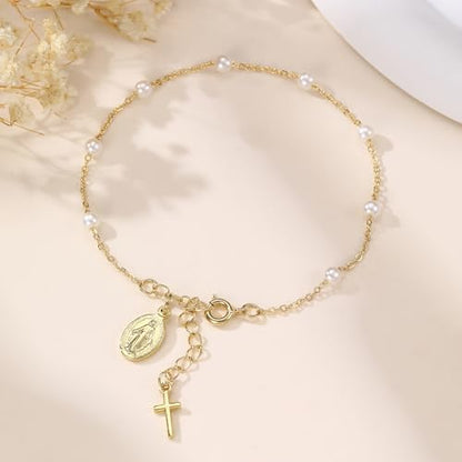 Rosary Bracelet for Women, Dainty 14K Gold Plated Virgin Mary Cross Charm Bracelet Catholic First Communion Baptism Religious Gifts for Her - color: Style B：First Communion