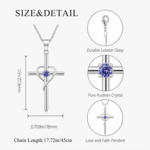 Cross Heart Necklace, 18K Gold Plated Crystal Pendant for Women - color: White-Tanzanite