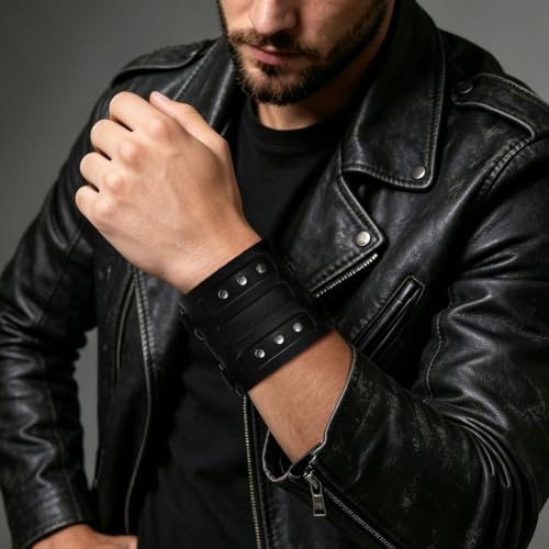 HZMAN Men's Alloy Genuine Leather Bracelet Bangle Cuff Adjustable - color: Black