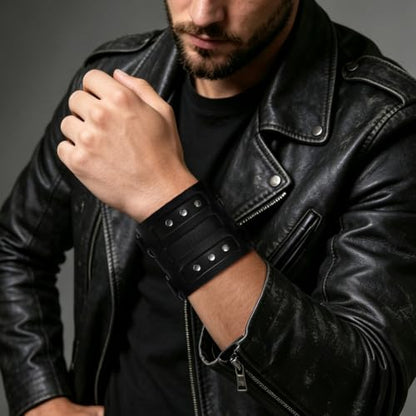 HZMAN Men's Alloy Genuine Leather Bracelet Bangle Cuff Adjustable - color: Black