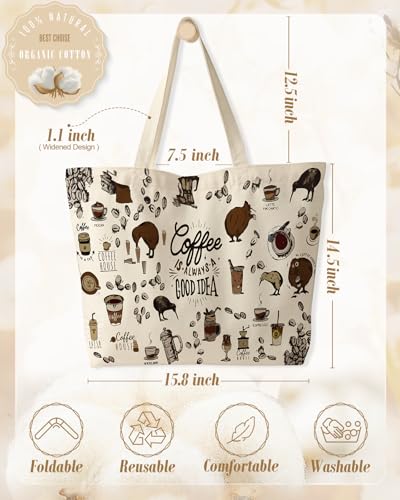 Miss Adola Large Tote Bag for Women - Canvas Tote Bag with Zipper Aesthetic Reusable Shoulder Bag for Gym, Travel, Work - style: Coffee House