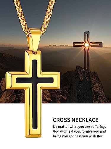 ChainsHouse Cross Necklace for Men, Black/18K Gold Plated/Stainless Steel Christian Jewelry Cross Pendant Necklace for Men, with Gift Box - color: b: Dripping Oil Cross-Gold