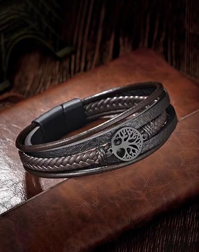 YL Mens Cross Viking Celtic Ankh Odin Compass Life Tree Leather Bracelet, 18K Gold/Black Rhodium Stainless Steel Christian Religious Protection Talisman Brown Cuff Handcrafted Jewelry Gifts - color: 18K White Gold-Life Tree-Brown, size: 8.3"(210mm)
