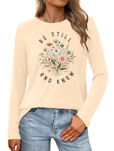 Christian Shirts for Women: Faith Over Fear T Shirt Religious Graphic Tee Bibel Verse Long Sleeve Tops - color: Apricot2, size: X-Large