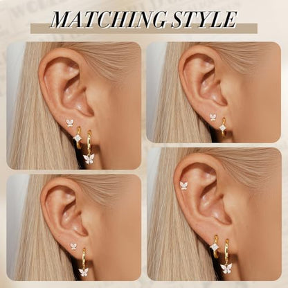 Angelady Gold Hoop Earrings Set for Women, Dainty 14K Gold Plated Flower Moon Cross Dangle Earrings, Hypoallergenic Huggie Hoop Earring Stacks, Stud Earrings for Women Trendy Jewelry Gift - color: Butterfly Earrings