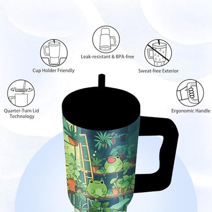 24 oz Green Frog Tumbler with Handle and Straw, Frog Themed Gifts - color: Frog