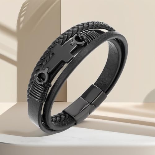 COOLSTEELANDBEYOND Mens Women Steel Horizontal Sideway Lateral Flat Cross Multi-Strand Leather Bangle Bracelet - color: D-Color: Black