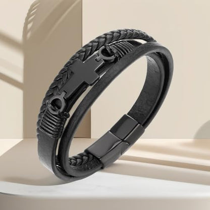 COOLSTEELANDBEYOND Mens Women Steel Horizontal Sideway Lateral Flat Cross Multi-Strand Leather Bangle Bracelet - color: D-Color: Black