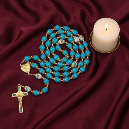 Nazareth Store Saint Benedict 10mm Glass Rosary Beads Catholic Necklace Flowers Mystery Bead Miraculous Medal Locket Cross Prayer Rosarios Catolicos - color: Turquoise