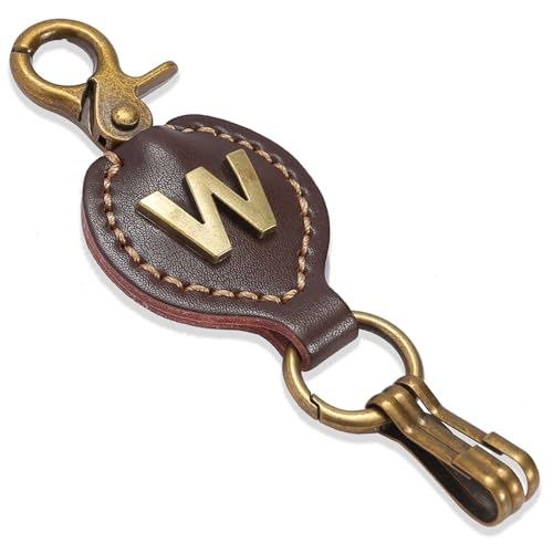 Initial Letter Keychain Brown Leather Alphabet Keychain with Easy Clasp, Key Car Key Bag Key Ring for Women Mens - color: W