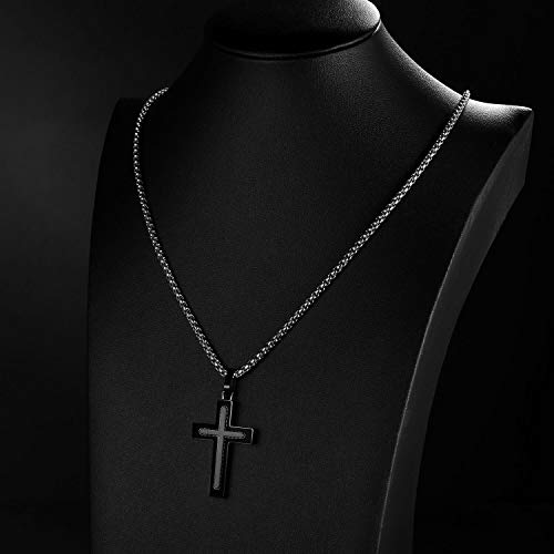 Men's Stainless Steel Cross Necklace,Two-Tone Black & Blue Carbon Fiber Pendant - Included Gift Box - style: Black & Dark Grey XL003