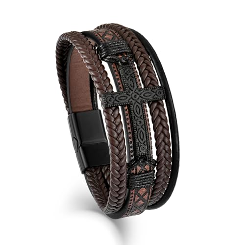Mens Cuff Cross Bracelet Multi-Layer Braided Leather Cross Bracelet for Religious Bangle Wristband Faith Christian Jewelry for Men Teen - color: A.Brown, size: 9.1in(23cm, Fits larger wrists)