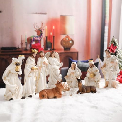 Christmas Nativity Set Figurine,Hand Resin Craft Statue Nativity Scene Indoor,Baby Jesus Holy Family Firguines Statue, Nativity Sets for Christmas Indoor, 11 Pcs - color: White