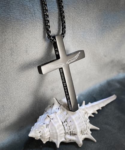 Cross Necklace Stainless Steel Necklace Religious Bible Verse Pendant Crucifix Necklace Faith Jewelry with 22' Chain - style: Joshaua 1:9 WINGS BLACK
