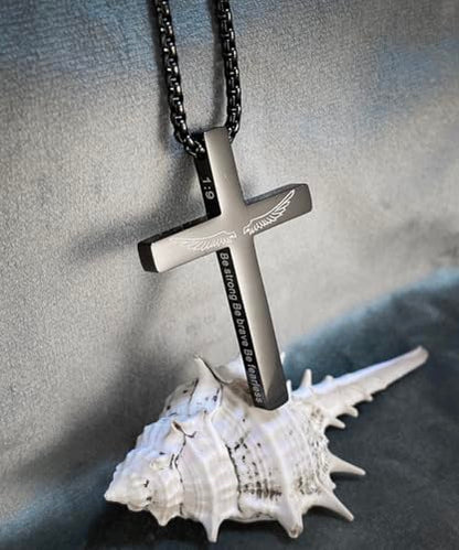 Cross Necklace Stainless Steel Necklace Religious Bible Verse Pendant Crucifix Necklace Faith Jewelry with 22' Chain - style: Joshaua 1:9 WINGS BLACK