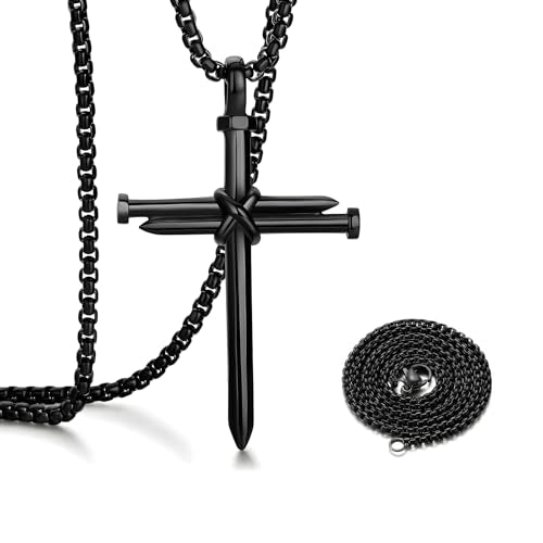 2 PCS Nail Cross Pendant for Car, Auto Rear View Mirror 3-Nail Jesus Cross Pendant, Religious Stainless Steel Necklace Hanging Ornament for Sedan Truck SUV, Car Accessories (Black) - color: Black