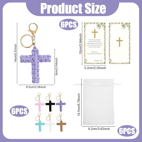 6 Set Cross Keychains, Christian Religious Keychains Bulk With Cards Organza Bags, Communion & Confirmation Presents - color: Multicolor