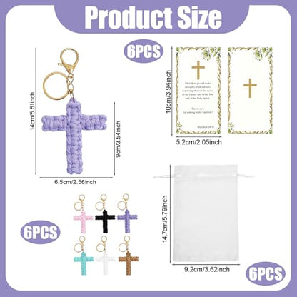 6 Set Cross Keychains, Christian Religious Keychains Bulk With Cards Organza Bags, Communion & Confirmation Presents - color: Multicolor