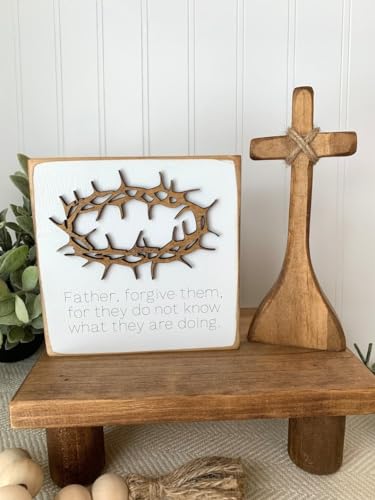 2025 Empty Tomb Easter Tiered Tray Decor, 7Pcs Easter Resurrection Scene Cross Decor Set, He is not here Sculpture Wooden Jesus Sign Spring Tray Bundle Kit for Home Easter Day Farmhouse Decoration