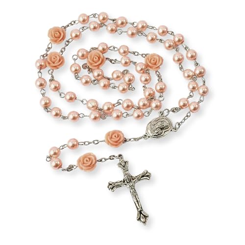 Nazareth Store Pink Pearl Catholic Rosary Necklace with 6mm Beads Rose Markers Madonna Holy Soil Medal Silver-Plated Crucifix 20 Inch