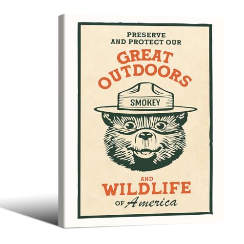 Cute Kids Bear Wall Art Nature Conservation Wildlife Animal Poster Retro Beige Cabin Canvas Prints 08x10 inch Framed for Outdoorsy Camping Wall Decor - color: Beige-wframed, size: 10L" x 8W"