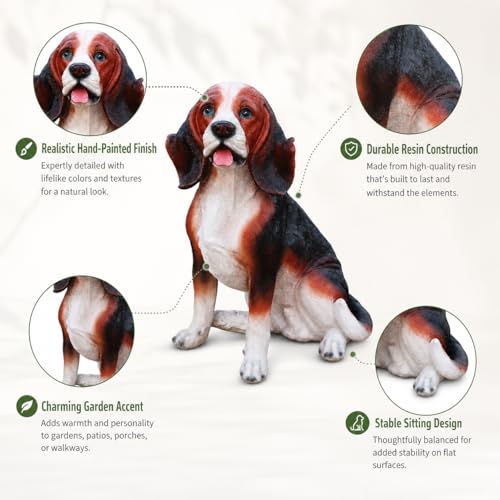 Realistic Sitting Beagle Dog Garden Statue - color: Black, White, Grey