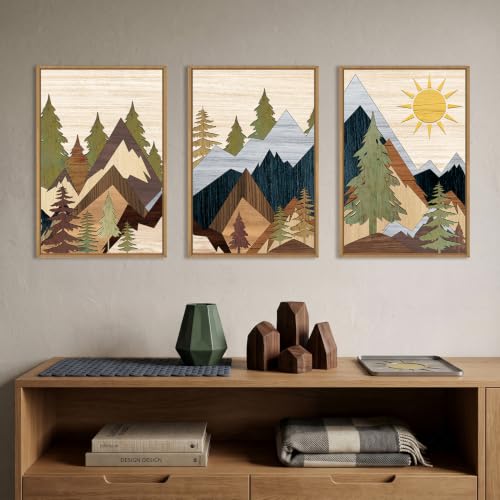 Ausri Boho Mountain Pine Tree Framed Canvas Wall Art Set -16"x24"x3 - color: Boho Mountain Wall Art, size: 16"L x 24"W