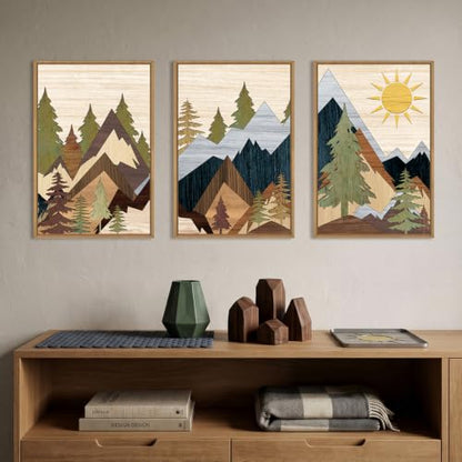 Ausri Boho Mountain Pine Tree Framed Canvas Wall Art Set -16"x24"x3 - color: Boho Mountain Wall Art, size: 16"L x 24"W