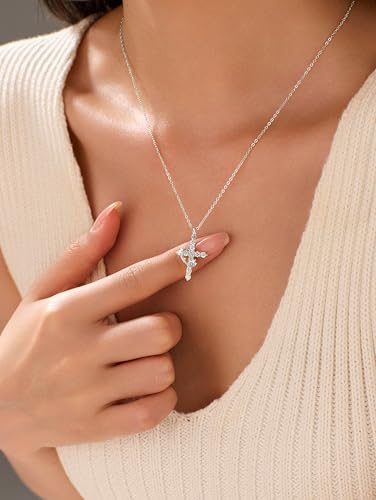 925 Sterling Silver Cross With Crown Necklace for Women 16+2 Inch - color: Silver