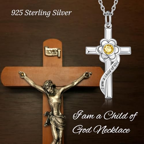 I am a Child of God Necklace - 925 Sterling Silver Birthstone Flower Cross Pendant Religious Jewelry Baptism First Communion Confirmation Gifts for Girls - style: Nov.