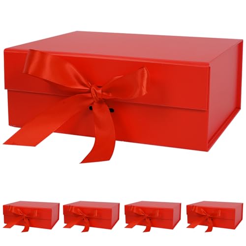 Aimyoo 5 Pack Red Gift Box with Ribbon, 11.5x8.6x4.1 inch Groomsman Proposal Box for Presents with Magnetic Closure Lids, Rectangle Collapsible Luxury Box for Wedding, Christmas, Birthday - color: Red 11.5x8.6x4.1 inch-5 Pack