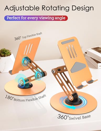 360° Rotating Cell Phone Stand for Desk, Adjustable Foldable Aluminum Phone Holder with Anti-Slip Base, Sturdy Desktop Stand Compatible with iPhone, iPad, Android Phones – Orange - color: Orange