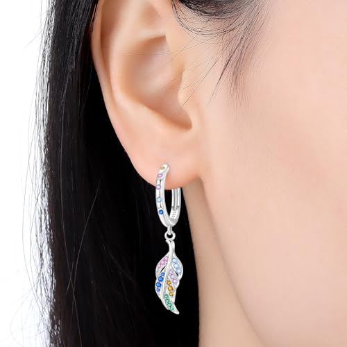925 Sterling Silver Drop & Dangle Earrings for Women,Butterfly Dragonfly and Bee|Flower and leaf Earrings, Suitable for Sensitive Ears Fashion Jewelry Gift- Hypoallergenic Earrings - color: Colorful Feather Earrings