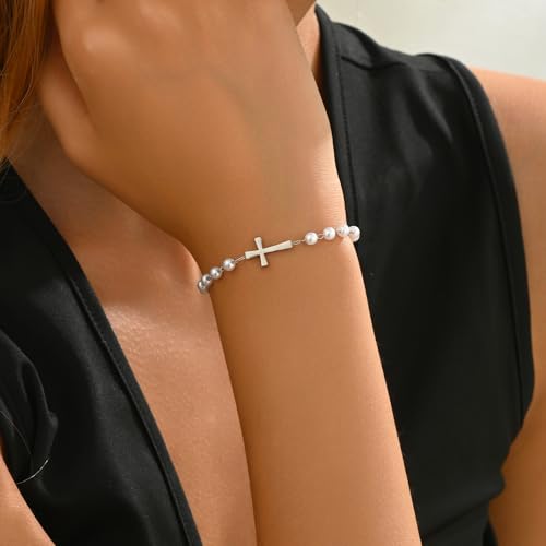 18K Gold Plated Pearl Bracelets for Women Dainty Waterproof - style: Pearl Chain Cross-White Gold