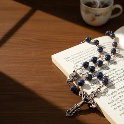 Nazareth Store Natural Stone Beads 8mm Rosary Necklace Antique Copper Design Holy Soil Medal & Cross in Velvet Bag - Catholic Rosaries Terra Santa Jerusalem Collection - color: Lapis Lazuli