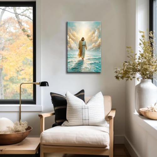 Framed Jesus Walking on Water Wall Art Canvas Print Christian Painting Catholic Poster Inspirational Picture for Living Room Bedroom Church Gallery Wall Decor Ready to Hang 16x24In - color: Jesus Walks on Water, size: 16x24 Inches