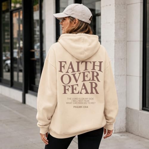 Wrenpies Faith Over Fear Hoodie for Women Christian Jesus Bible Verse Sweatshirt God Religious Oversized Tops - color: Apricot, size: Medium