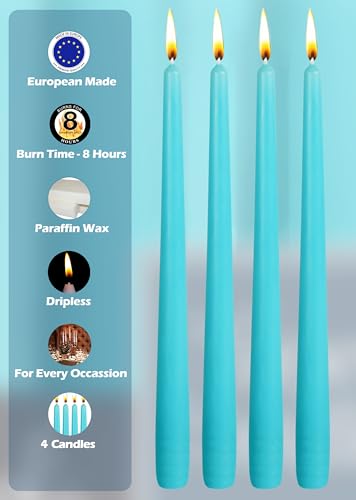 Hyoola Tall Taper Candles - 10 Inch Light Blue Unscented Dripless Taper Candles - 8 Hour Burn Time - 4 Pack - color: Blue Turquoise, size: 10 Inch