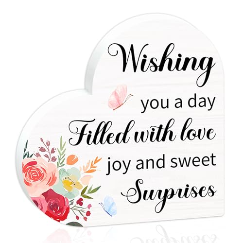 Wishing You a Day Filled With Love Joy And Sweet Surprise Wooden Sign - Christams Valentines Gifts For Women, Family, Friends - Inspirational Quotes Heart Shape Pinewood Block Decor For Home, Office Table - B09 - color: Wishing You a Day Filled With Love