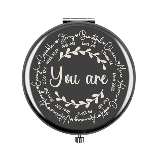 KNIN Christian Compact Mirror for Women Stocking Stuffers Black Folding Makeup Mirror with Engraved Inspirational Bible Verses, Faith-Based Gift for Religious Women, Girls, Church Events