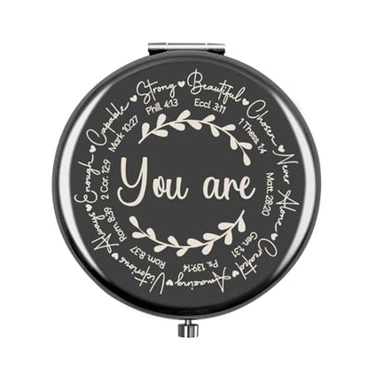 KNIN Christian Compact Mirror for Women Stocking Stuffers Black Folding Makeup Mirror with Engraved Inspirational Bible Verses, Faith-Based Gift for Religious Women, Girls, Church Events