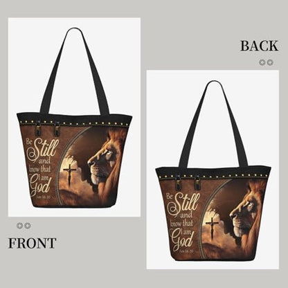 Bible Tote Bags for Women Christian Tote Bag Church Shoulder Bag Inspirational Bags With Zipper Christian Gift - color: Be Still and Know That I Am God 2