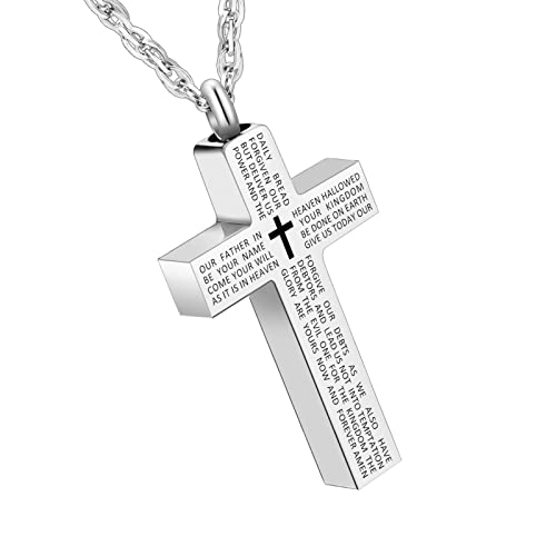 Cremation Cross Necklace for Ashes Stainless Steel Cross Urn Pendant Ashes Holder Memorial Jewelry-With Me Always - style: Lord's Prayer-Silver