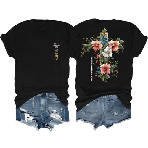 Faith Cross Christian T-Shirt with Boho Floral Cross Print Short Sleeve Casual Graphic Tee for Women - color: Black1, size: Small